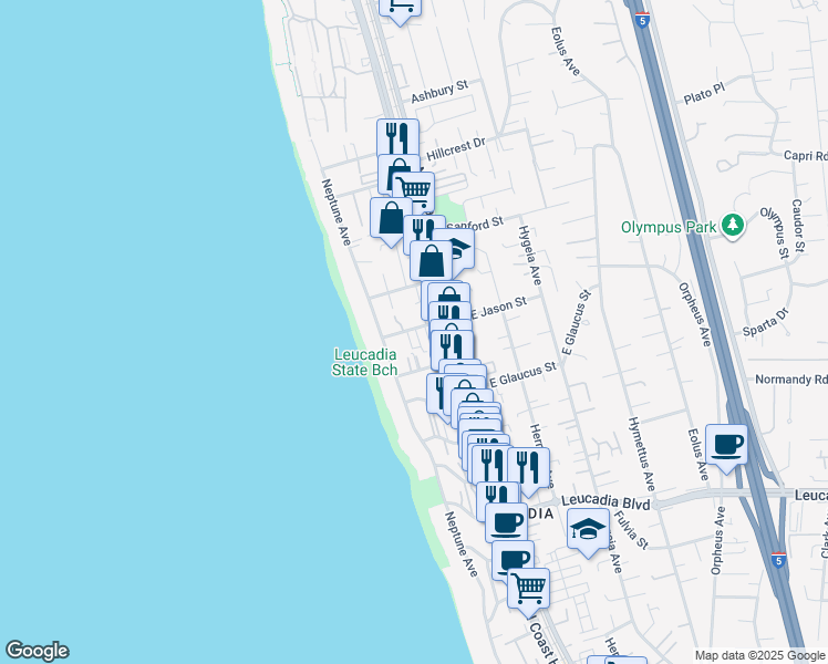 map of restaurants, bars, coffee shops, grocery stores, and more near 155 West Jason Street in Encinitas