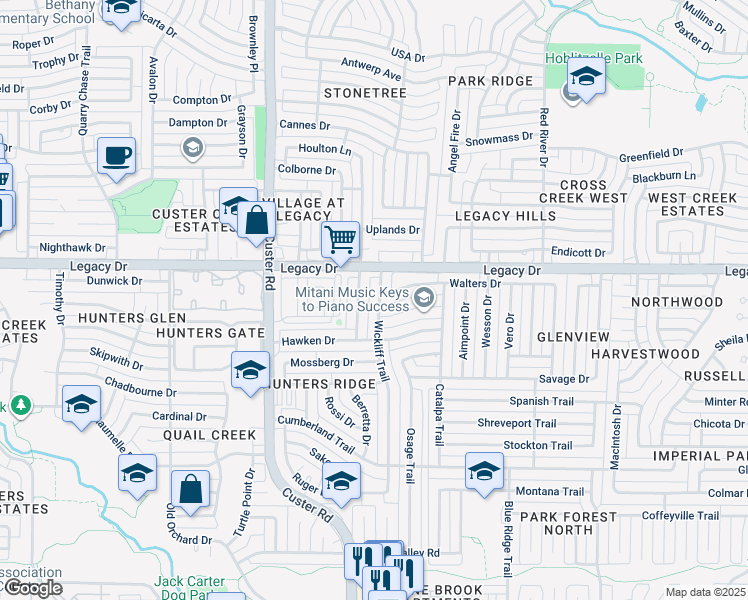map of restaurants, bars, coffee shops, grocery stores, and more near 1944 Walters Drive in Plano