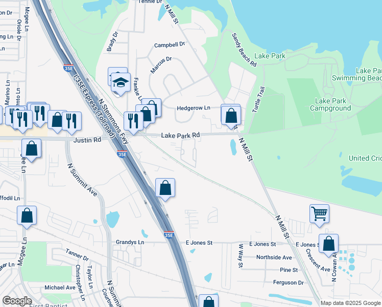 map of restaurants, bars, coffee shops, grocery stores, and more near 290 W Lake Park Rd in Lewisville