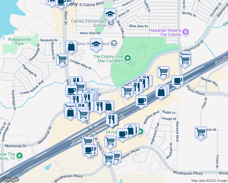 map of restaurants, bars, coffee shops, grocery stores, and more near 4700 Memorial Drive in The Colony