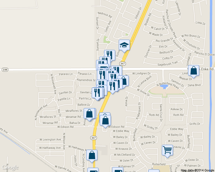 map of restaurants, bars, coffee shops, grocery stores, and more near 20980 North John Wayne Parkway in Maricopa