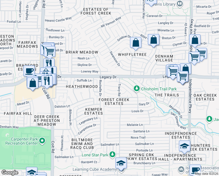 map of restaurants, bars, coffee shops, grocery stores, and more near 3521 O Malley Court in Plano