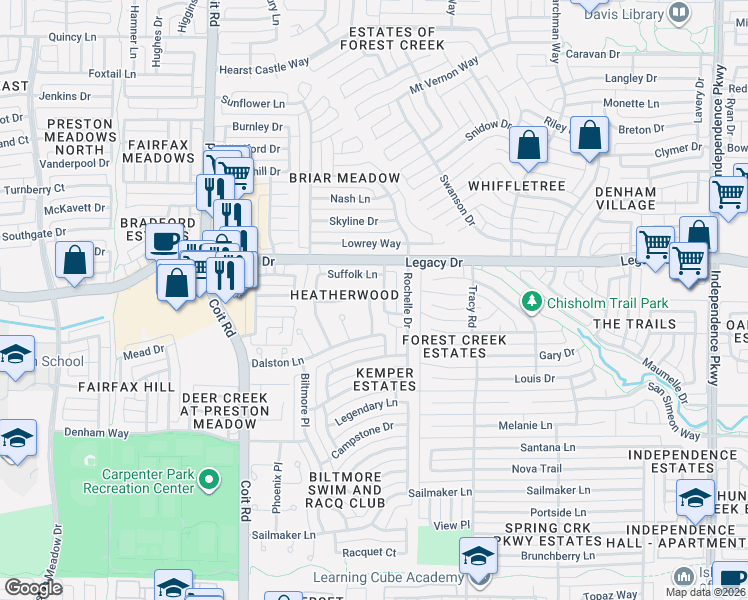 map of restaurants, bars, coffee shops, grocery stores, and more near 3808 Beaumont Lane in Plano