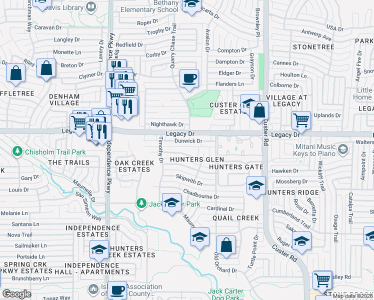 map of restaurants, bars, coffee shops, grocery stores, and more near 2613 Rothland Lane in Plano