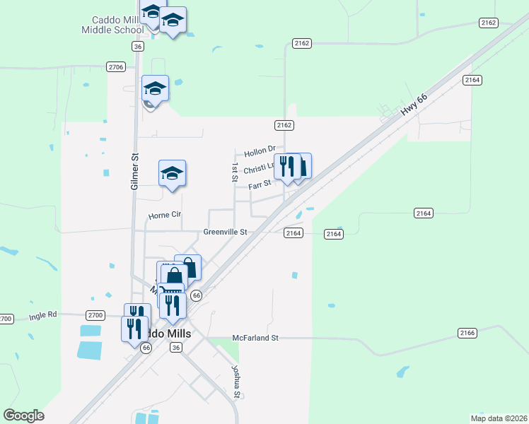map of restaurants, bars, coffee shops, grocery stores, and more near 2513 Johnson Cir in Caddo Mills