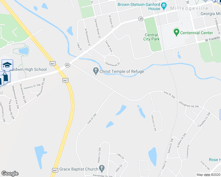 map of restaurants, bars, coffee shops, grocery stores, and more near 142 Frank Bone Road Southwest in Milledgeville