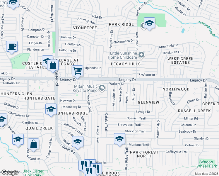 map of restaurants, bars, coffee shops, grocery stores, and more near 6904 Catalpa Trail in Plano
