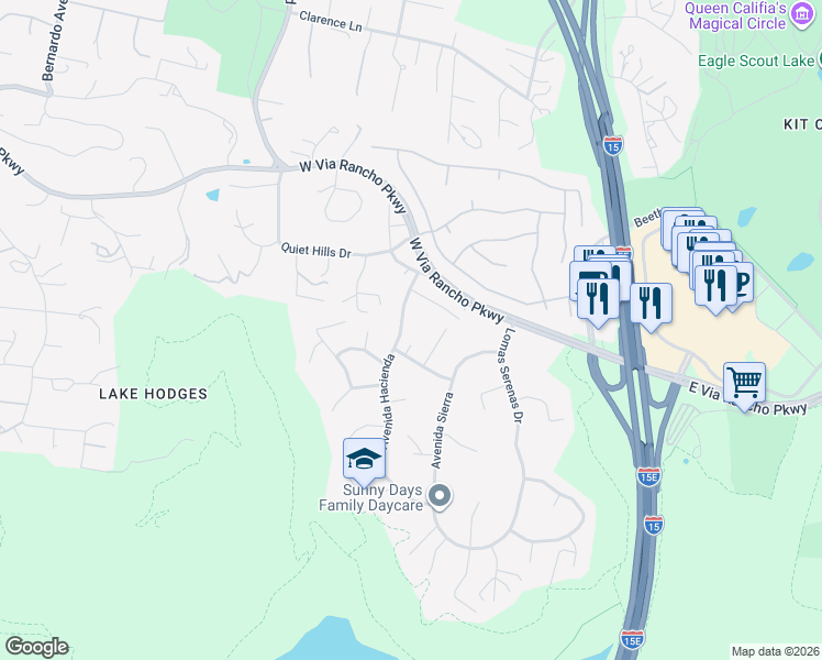 map of restaurants, bars, coffee shops, grocery stores, and more near 3202 Avenida Hacienda in Escondido