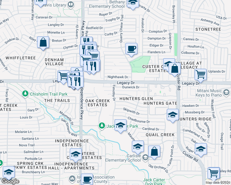 map of restaurants, bars, coffee shops, grocery stores, and more near 2637 Rothland Lane in Plano
