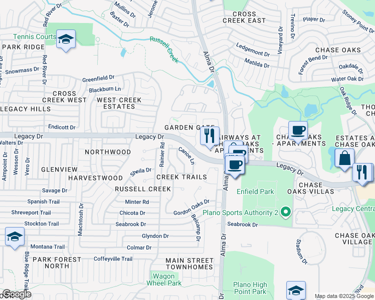 map of restaurants, bars, coffee shops, grocery stores, and more near 1129 Canoe Lane in Plano
