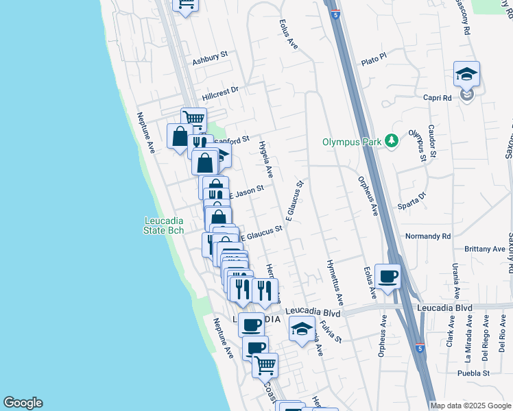 map of restaurants, bars, coffee shops, grocery stores, and more near 1231 Hermes Avenue in Encinitas
