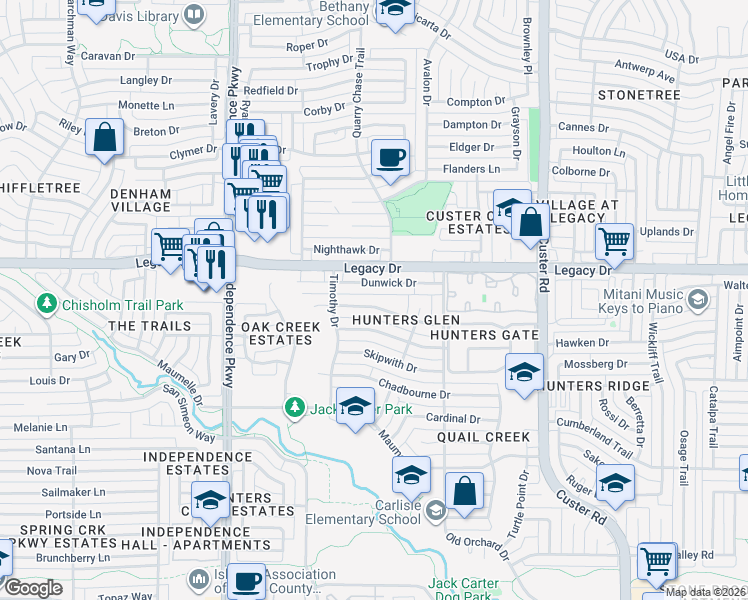 map of restaurants, bars, coffee shops, grocery stores, and more near 2613 Rothland Ln in Plano