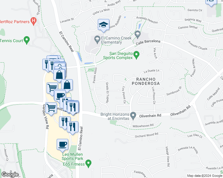 map of restaurants, bars, coffee shops, grocery stores, and more near 2400 El Bosque Avenue in Carlsbad