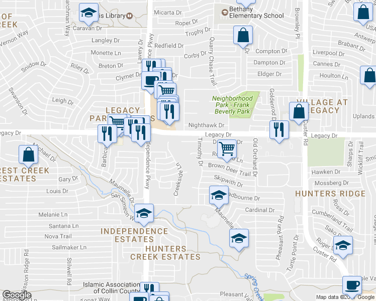 map of restaurants, bars, coffee shops, grocery stores, and more near 2713 Rothland Lane in Plano