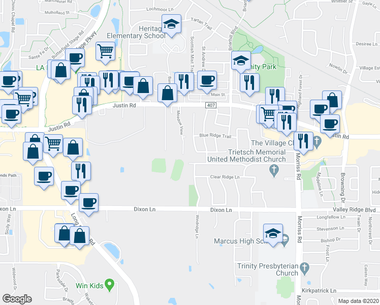 map of restaurants, bars, coffee shops, grocery stores, and more near 6201 Branchwood Trail in Flower Mound