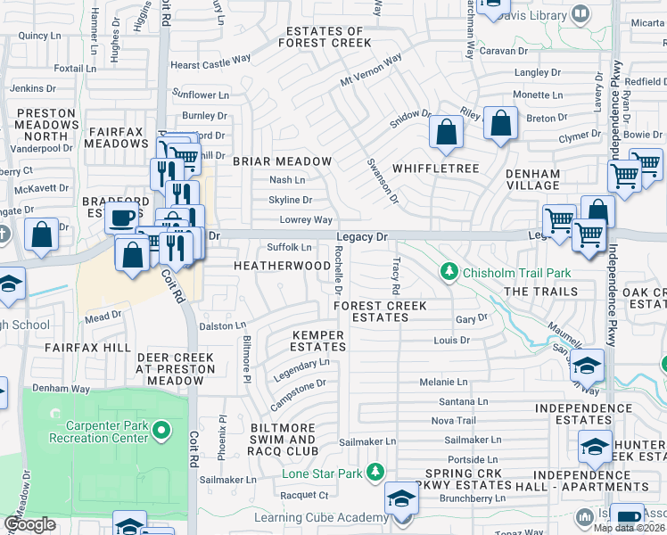 map of restaurants, bars, coffee shops, grocery stores, and more near 6909 Rochelle Drive in Plano
