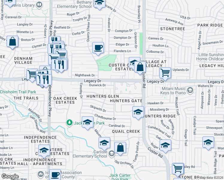 map of restaurants, bars, coffee shops, grocery stores, and more near 6913 Old Orchard Drive in Plano