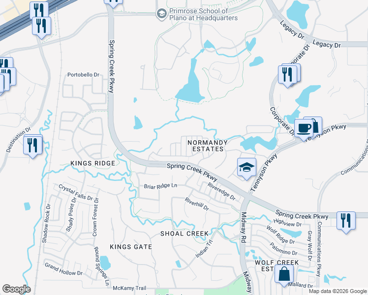 map of restaurants, bars, coffee shops, grocery stores, and more near 6820 Cousteau Court in Plano