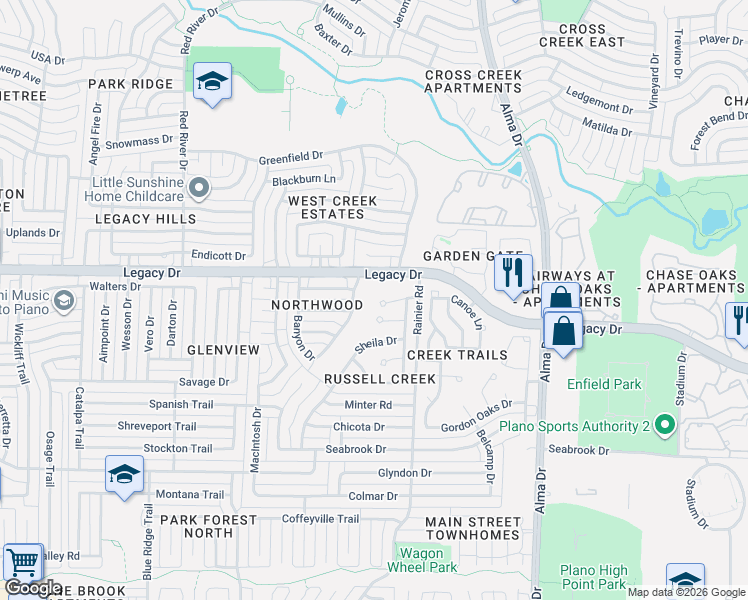 map of restaurants, bars, coffee shops, grocery stores, and more near 1345 Berkeley Court in Plano