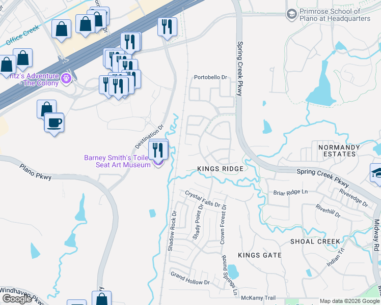 map of restaurants, bars, coffee shops, grocery stores, and more near 7013 Brook Forest Circle in Plano