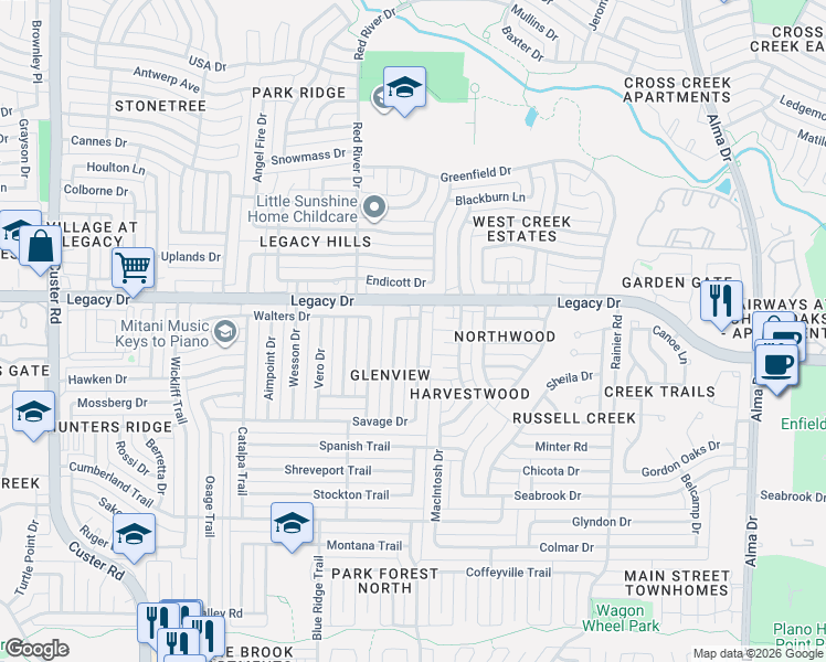 map of restaurants, bars, coffee shops, grocery stores, and more near 6905 Sweetwater Drive in Plano
