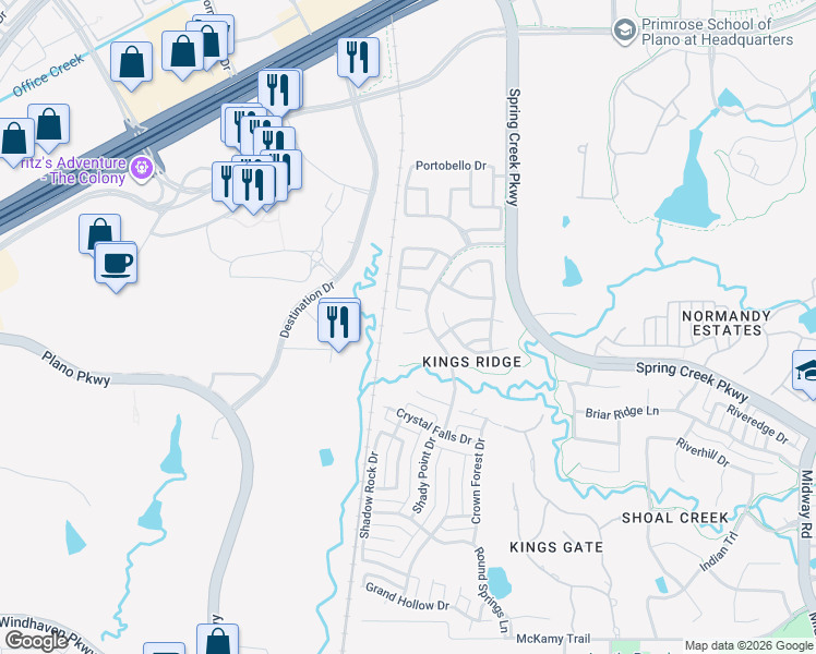 map of restaurants, bars, coffee shops, grocery stores, and more near 7013 Brook Forest Circle in Plano