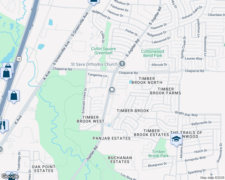 map of restaurants, bars, coffee shops, grocery stores, and more near 2900 Hurstwood Drive in Plano
