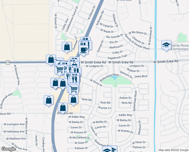 map of restaurants, bars, coffee shops, grocery stores, and more near 20971 North Leona Boulevard in Maricopa