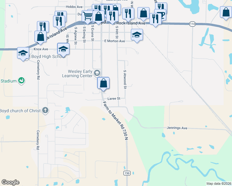 map of restaurants, bars, coffee shops, grocery stores, and more near 245 County Road in Boyd