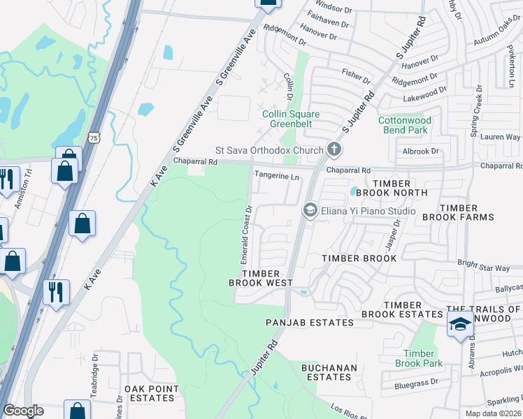 map of restaurants, bars, coffee shops, grocery stores, and more near 7120 Boysenberry Lane in Plano