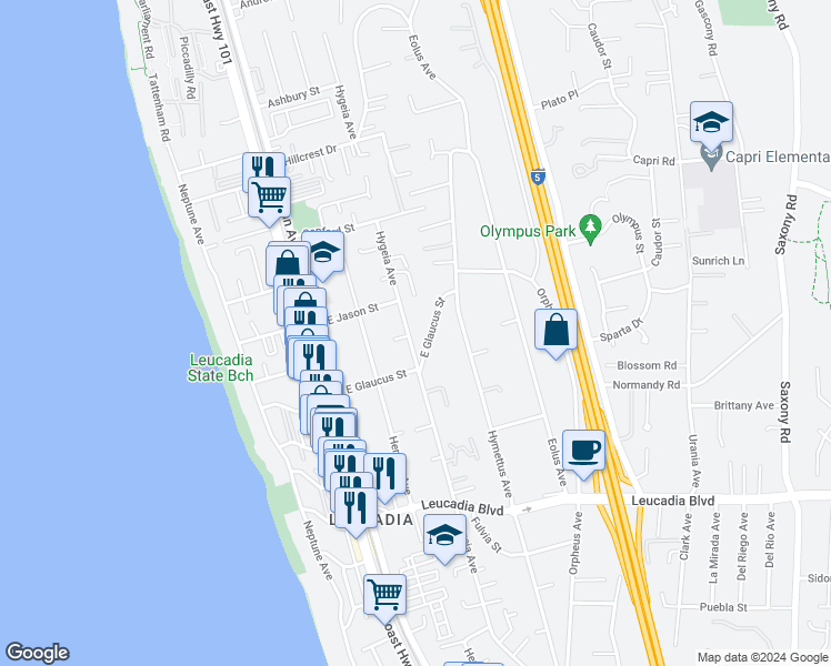 map of restaurants, bars, coffee shops, grocery stores, and more near 1205 Hygeia Avenue in Encinitas