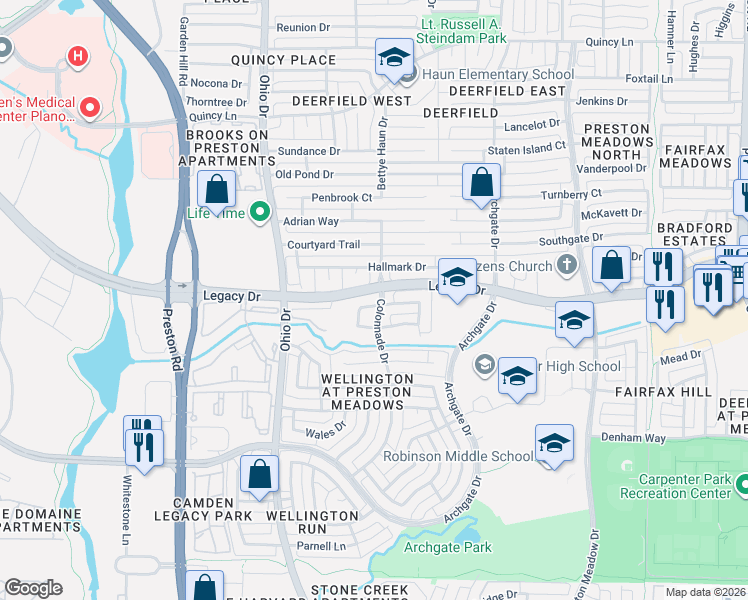 map of restaurants, bars, coffee shops, grocery stores, and more near 4621 Ainsley Drive in Plano