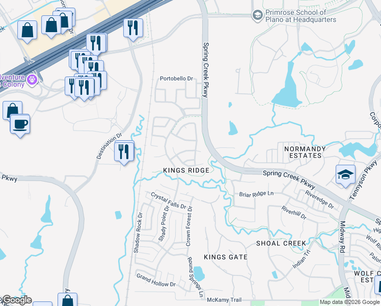map of restaurants, bars, coffee shops, grocery stores, and more near 6900 Cannon Falls Drive in Plano