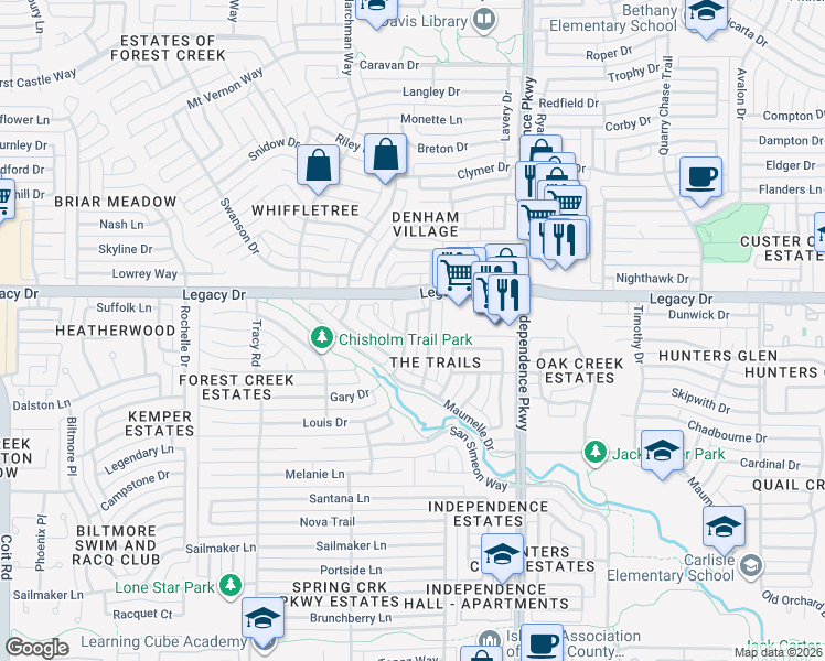 map of restaurants, bars, coffee shops, grocery stores, and more near 6900 High Field Trail in Plano