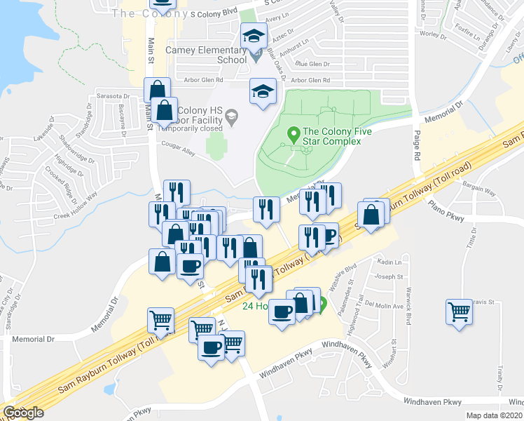 map of restaurants, bars, coffee shops, grocery stores, and more near 4779 Memorial Drive in The Colony