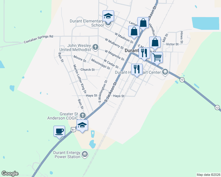 map of restaurants, bars, coffee shops, grocery stores, and more near 14959 South Jackson Street in Durant
