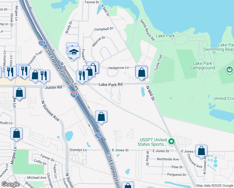 map of restaurants, bars, coffee shops, grocery stores, and more near 290 Lake Park Road in Lewisville