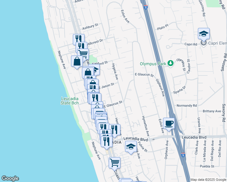 map of restaurants, bars, coffee shops, grocery stores, and more near 1231 Hermes Avenue in Encinitas