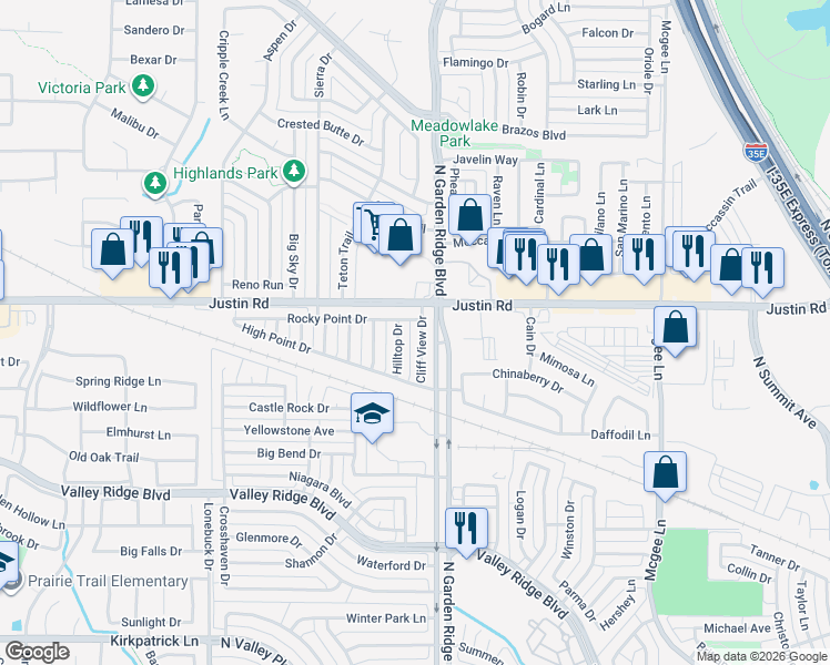 map of restaurants, bars, coffee shops, grocery stores, and more near 1888 Cliff View Drive in Lewisville