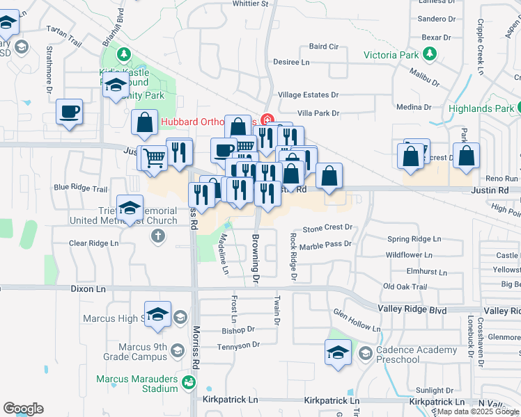 map of restaurants, bars, coffee shops, grocery stores, and more near 6212 Browning Drive in Flower Mound