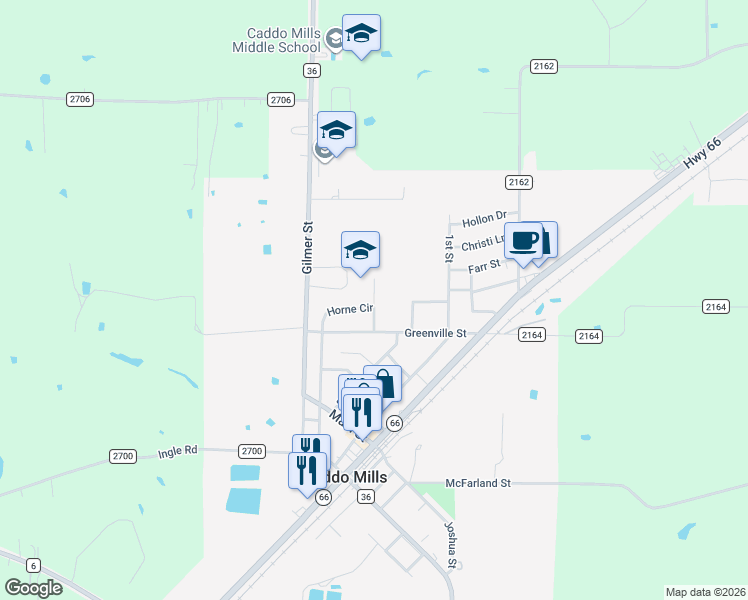 map of restaurants, bars, coffee shops, grocery stores, and more near 2702 Caddo Street in Caddo Mills