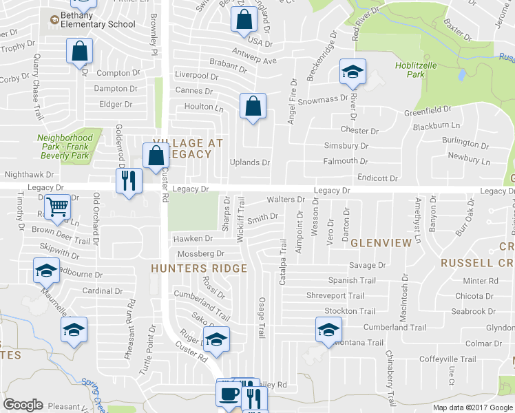 map of restaurants, bars, coffee shops, grocery stores, and more near 1928 Walters Drive in Plano