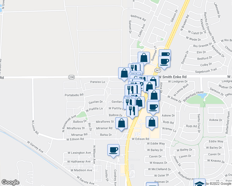 map of restaurants, bars, coffee shops, grocery stores, and more near 44826 Portabello Road in Maricopa
