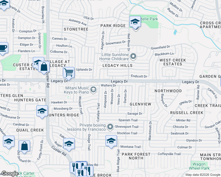 map of restaurants, bars, coffee shops, grocery stores, and more near 6909 Wesson Drive in Plano