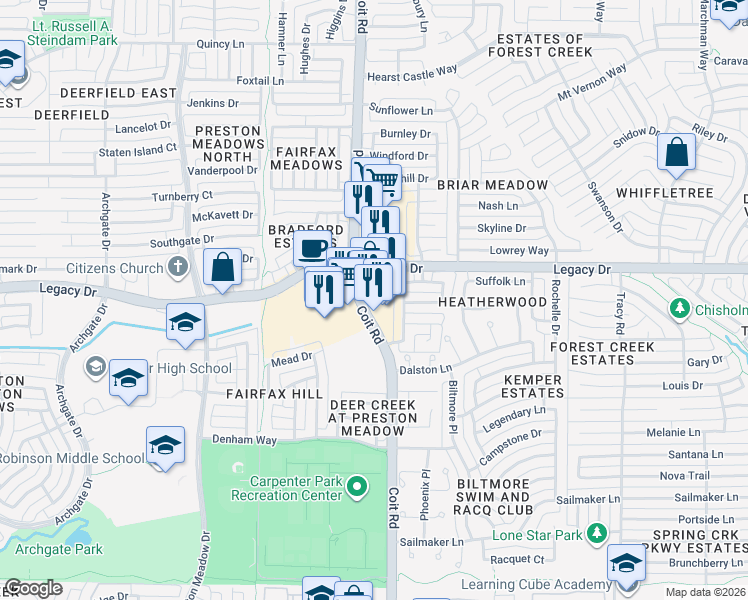 map of restaurants, bars, coffee shops, grocery stores, and more near 6912 Coit Road in Plano