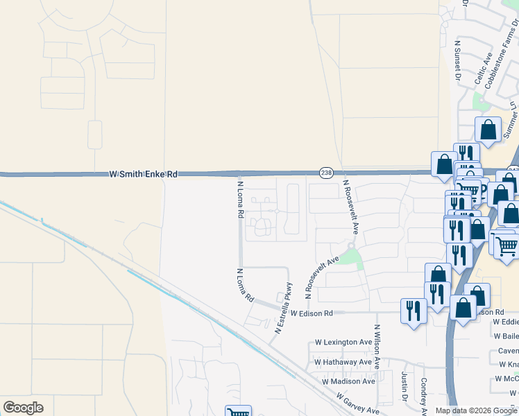 map of restaurants, bars, coffee shops, grocery stores, and more near 45873 Arizona 238 in Maricopa