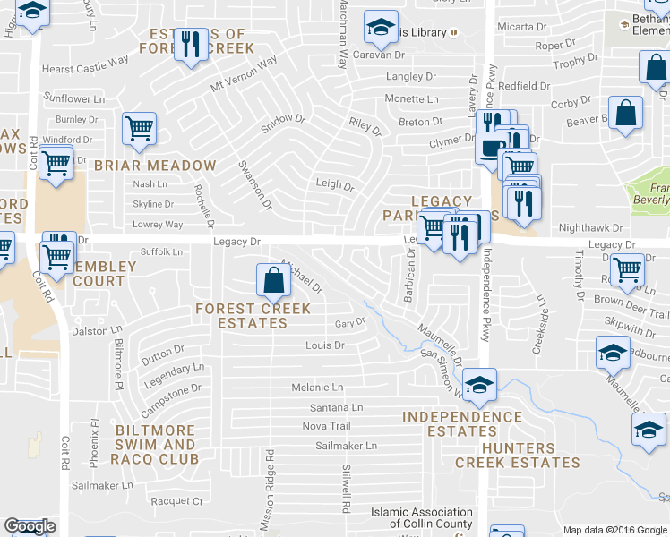 map of restaurants, bars, coffee shops, grocery stores, and more near 3292 Candlewood Trail in Plano