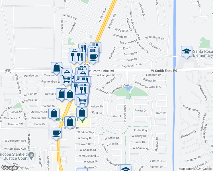 map of restaurants, bars, coffee shops, grocery stores, and more near 20981 North Leona Boulevard in Maricopa