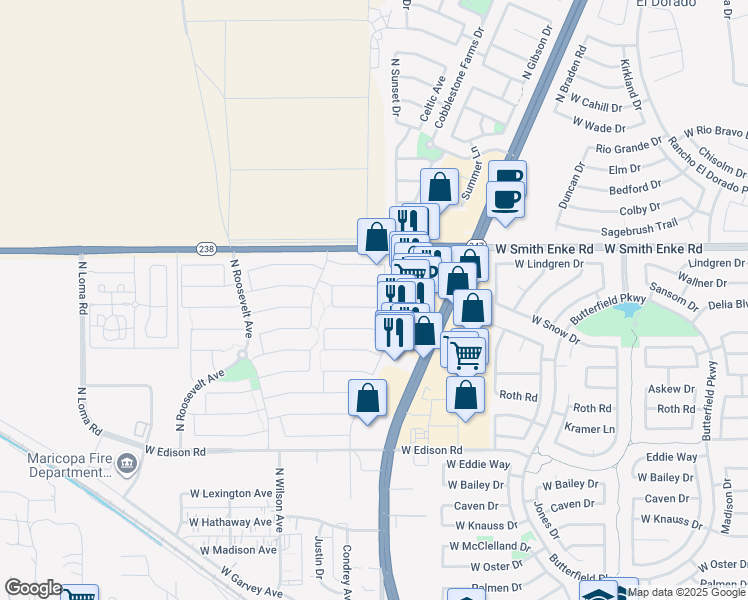 map of restaurants, bars, coffee shops, grocery stores, and more near 44728 Portabello Road in Maricopa