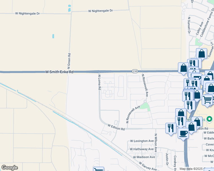 map of restaurants, bars, coffee shops, grocery stores, and more near 45873 Arizona 238 in Maricopa